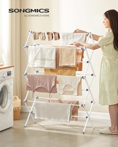 SONGMICS Foldable Clothes Drying Rack, Laundry Drying Rack, Clothes Airer, Steel Frame, 14.6 x 36.6 x 53.2 Inches, Easy Assembly, Indoor Outdoor Use, Pearl White ULLR771W01 - color: White, size: 36.6" W