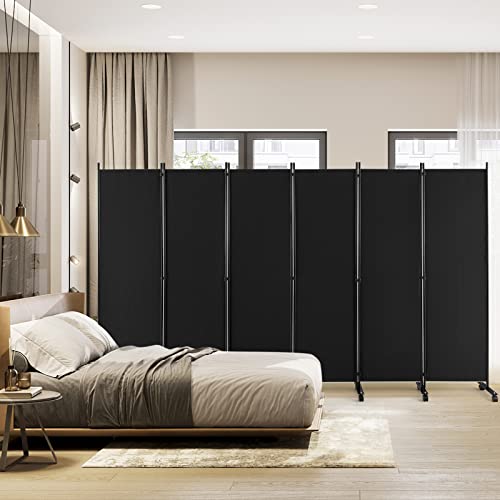 NAFORT 6 Panel Folding Room Divider for Room Separation, Freestanding Privacy Screen with Lockable Universal Wheels, Fabric Wall Partition Screen for Living Room, Bedroom, Office, Black - color: Black