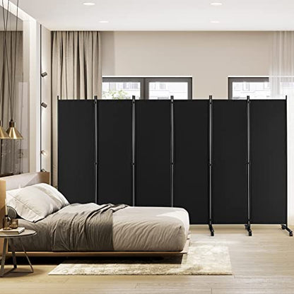 NAFORT 6 Panel Folding Room Divider for Room Separation, Freestanding Privacy Screen with Lockable Universal Wheels, Fabric Wall Partition Screen for Living Room, Bedroom, Office, Black - color: Black