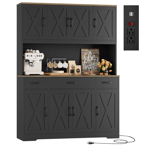 HOSTACK 71" Tall Kitchen Pantry Storage Cabinet, 55" W Kitchen Hutch, Black | Large Pantry Cabinet with Charging Station / Countertop / 3 Drawers, Farmhouse Hutch Cabinet with Storage for Dining Room - color: Black