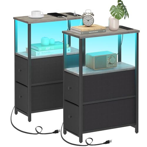 TUTOTAK Narrow LED End Table with Charging Station, Skinny Side Table | Bedside Table with Outlets, Nightstand with 2 Cloth Drawers, Couch Table for Living Room, Bedroom, Greig TB01BG056 - color: Greige, style: 2 Drawers with Plug & Light