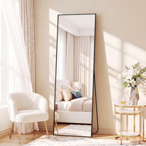 Sweetcrispy 56"x15" Full Length Mirror, Standing Full Body Mirror, Black | Aluminum Alloy Thin Frame, Floor or Standing, Suitable for Bedroom, Living Room, Cloakroom - color: Black-rectangle, size: 56"L x 15"W