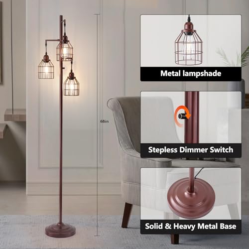 9MMML Floor Lamp for Living Room, Farmhouse Industrial Dimmable Floor lamp, 3 Lights Metal Cage Tree Standing Lamp,68", 3Pcs LED Bulbs Included - color: Oil Rubbed Bronze B
