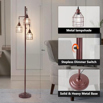 9MMML Floor Lamp for Living Room, Farmhouse Industrial Dimmable Floor lamp, 3 Lights Metal Cage Tree Standing Lamp,68", 3Pcs LED Bulbs Included - color: Oil Rubbed Bronze B