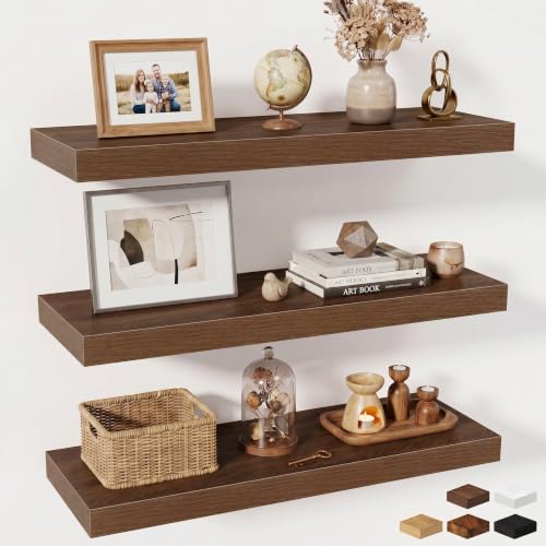 Fun Memories Floating Shelves for Wall, 30 Inch Long Floating Shelves Set of 3, 30 x 10 Wooden Shelves for Wall, Large Storage Shelves, Hanging Shelves for Bathroom Kitchen Bedroom, Walnut - color: Walnut, size: 30W x 10D x 1.5H