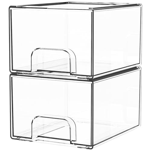 2 Pack Clear Stackable Storage Drawers,4.4'' Tall Acrylic Drawer Containers for Organizing,Bathroom Organizers and Storage Bin Box,Plastic Makeup,Medicine Organizer Bins for Cabinet,Undersink - color: Clear-4.4 In Tall, size: 2 PCS