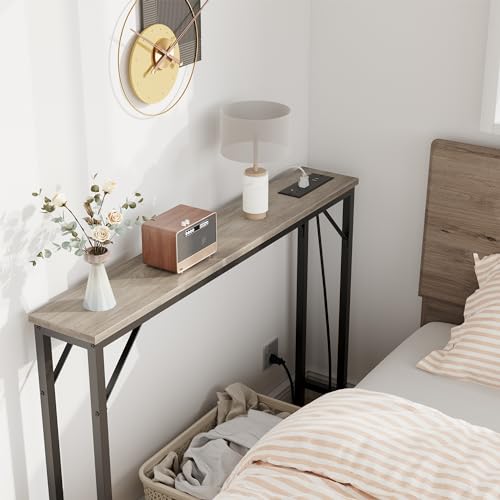 GarveeLife 39.3" Narrow Console Table with Charging Station - Behind Couch Table, 2 Outlets & 2 USB Ports, Grey - color: Grey