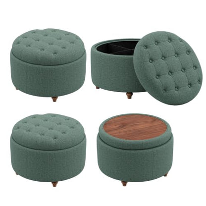 25" Round Ottoman with Storage, Small Coffee Table with Reversible Tray Lid | Tufted Fabric Round Storage Ottoman with Solid Wood Legs, 3-in-1 Footrest for Living Room, Bedroom, Entryway, Green - color: Green