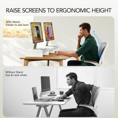 AMERIERGO Dual Monitor Stand Riser- 3 Shelf Screen Stand with Adjustable Length and Angle, 2 Extra Functional Slot Desktop Organizer Stand for PC, Computer, Laptop (White) - color: White