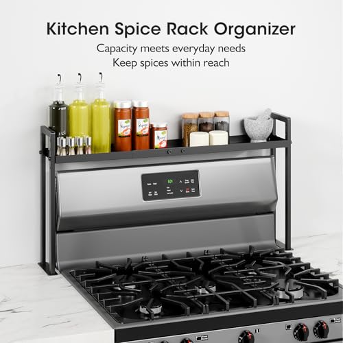 Bumusty Adjustable Stove Top Shelf, 4-Level Spice Rack, Black | Adjustable width and height use vertical space to keep spices organized above stoves or on kitchen counters. - size: High Stand