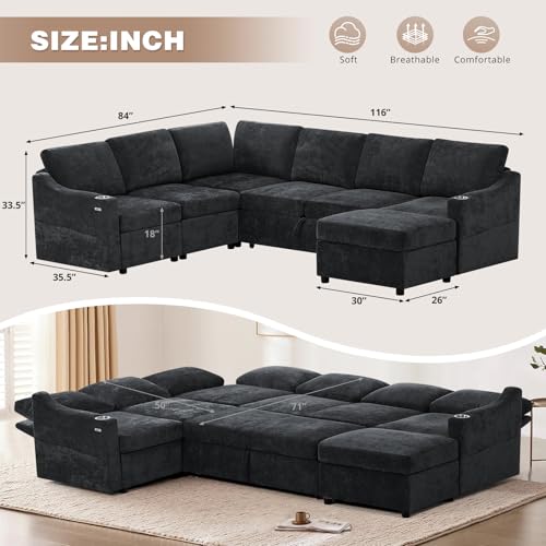 116" Chenille Modular Sofa Bed w/Adjustable Backrests, Black | U-Shape Sleeper Sofa w/USB Ports & Storage Space, Convertible Corner Sectional Couch w/Pull Out Bed for House, Living Room - color: Black, style: U-Shape