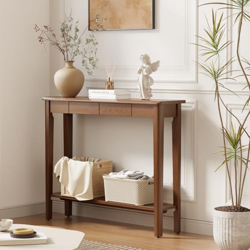 AQIMUELE Wood Console Table with Drawers, Walnut - color: Walnut