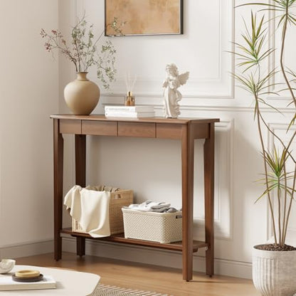 AQIMUELE Wood Console Table with Drawers, Walnut - color: Walnut