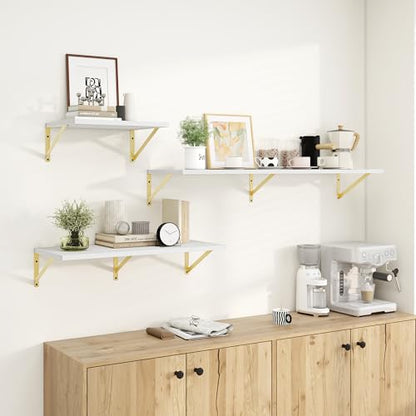 Dreamland Wall Mounted Floating Shelves Set of 2, 36x12, White&Gold | Engineered Wood, Visible Bracket, Large Storage, Hold Up to 60lbs, Living Room, Bathroom, Bedroom, Kitchen - color: White&gold, size: 48"W x 12"D