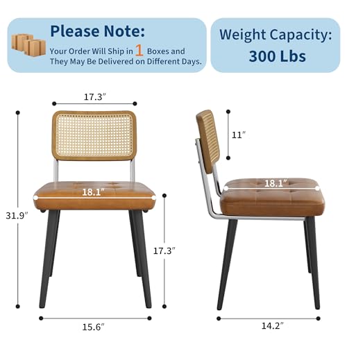 Garvee Rattan Dining Chairs Set of 2, Upholstered Dining Room Chairs with Rattan Backrest, Armless Side Chairs for Kitchen Living Room, Restaurant, PU Leather, Brown | Upholstered Kitchen Chairs with Rattan Backrest, Armless Side Chairs for Kitchen, Livin