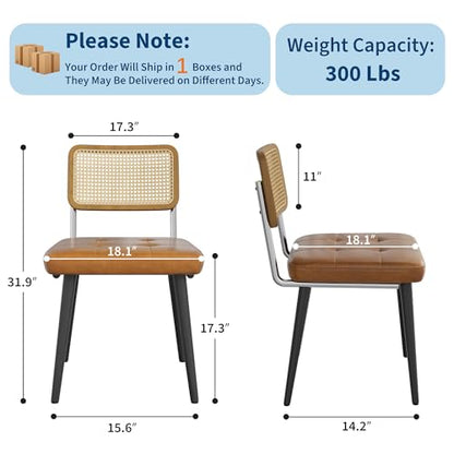 Garvee Rattan Dining Chairs Set of 2, Upholstered Dining Room Chairs with Rattan Backrest, Armless Side Chairs for Kitchen Living Room, Restaurant, PU Leather, Brown | Upholstered Kitchen Chairs with Rattan Backrest, Armless Side Chairs for Kitchen, Livin