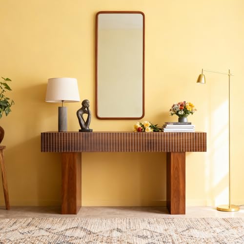 ZYBT 56" Fluted Console Table, Boho Vanity Desk Wooden Narrow Sofa Table Behind The Couch, Farmhouse Entryway Table for Entrance, Hallway,Living Room,Bedroom, Home Office,Brown - color: Brown-2 Legs