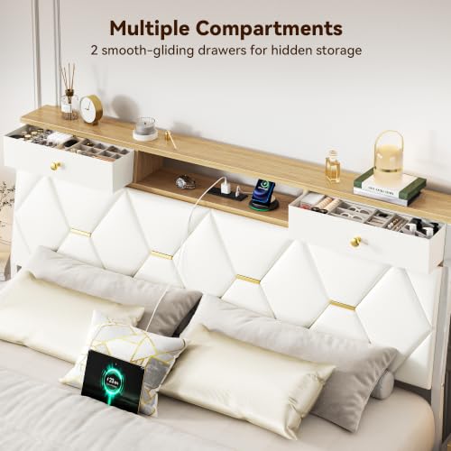 FreeHouse Full Size Bed Frame with Headboard & Storage, All Metal Structure | PU Leather Upholstered Bed Frame Full Size with Charging Station, Diamond Tufted, Gold Accents, No Box Spring Needed, White - color: White, size: Full