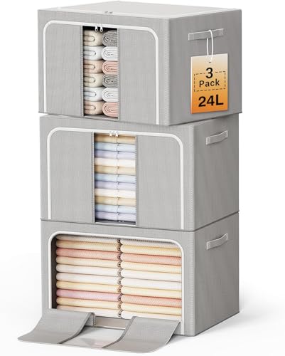 Clothes Storage Bins with Metal Frame Foldable Storage Box Clothes Organizers Storage Containers for Clothes Sheets Blankets Books Toys Gifts and Holiday Decorations (24Lx3 Pack) - color: Light gray, size: 24L（15.7“X11.81"X7.87")