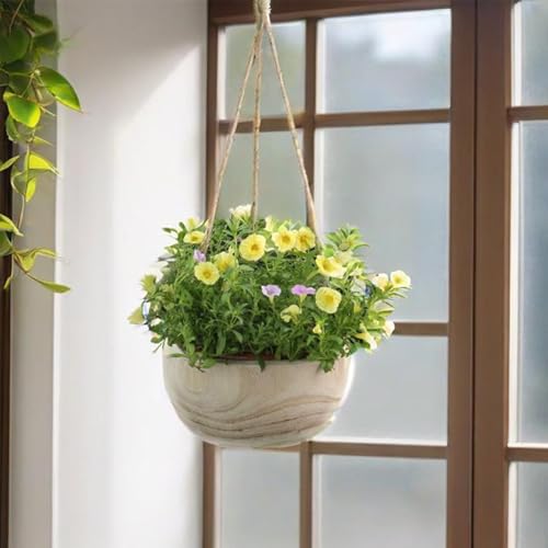CYS EXCEL Meduim Wooden Hanging Planter Paulownia Wood Bowl Basket with Jute Rope for Indoor Plants Succulents - size: 9"