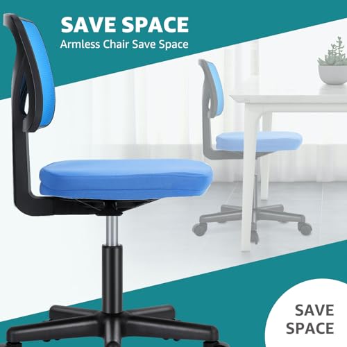OLIXIS Armless Home Office Chair, Ergonomic Small Desk Chair | Mesh Back, Removable Washable Foam Cushion, Height Adjustable, Rolling Swivel Wheels, Small Space, Blue - color: Blue