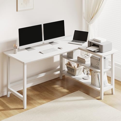IOTXY 53" Reversible L-Shaped Office Desk with Storage Shelves, White | Solid Rubberwood Legs, 0.6" MDF Desktop, Reversible 2-tier Shelves, Spacious Corner Computer Table for Dual Monitors - color: White, size: 53-inch