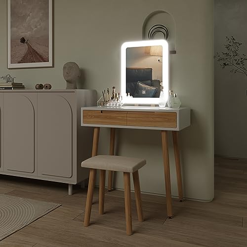 YOURLITE Makeup Vanity Desk with Lighted Mirror & Stool | 31.5" Makeup Table, 3 Lighting Modes, Adjustable Brightness, 2 Drawers, Cushioned Stool, Square Mirror - size: 31.5", style: Square Mirror Wooden