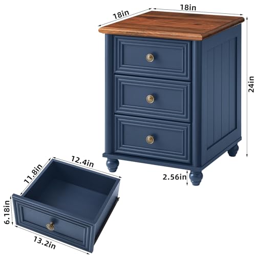 RWYHG 18" Night Stand with 3 Drawers, Farmhouse Modern Nightstand | Blue Farmhouse Modern Bedside Table, Open Storage Shelf, Solid Wood Legs, Bed Side End Tables for Bedroom Living Room - color: Navy Blue, style: 3 Drawers