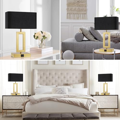 gernehop Black Table Lamps Set of 2 with Dual USB Ports,3-Way Dimmable Touch Control Bedside Lamps,Modern Bedroom Table Lamp for Living Room,Nightstand LED Bulbs Included - color: 16inchBlack&Gold