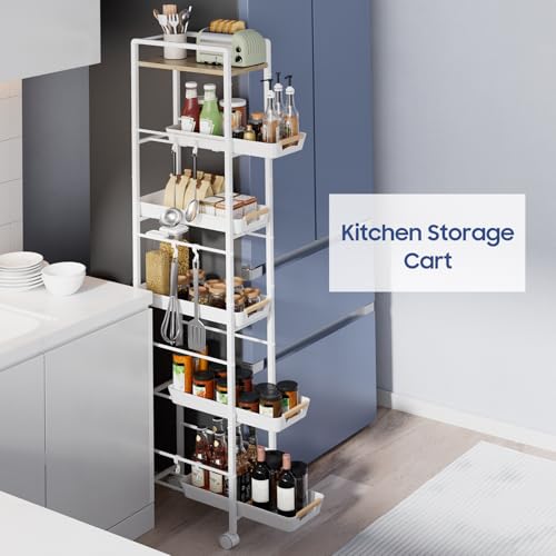 6 Tier Slim Storage Cart with Pull-Out Baskets Rolling Cart with Wheels Wood Top Narrow Utility Cart Metal Shelving Units for Pantry Laundry Room Bathroom Kitchen White 8in(W) - color: White, size: 6 Tier(8 inches)