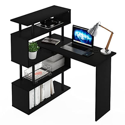 Furinno Classic Desk, 40" Wide L-Shape Gaming Desk, Computer Desk, Writing Desk with 5-Tier S-Shaped Side Shelves for Home Office, Study Room, Dorm, Bedroom, Americano - color: Americano/Black, style: 5-Tier Side Shelves