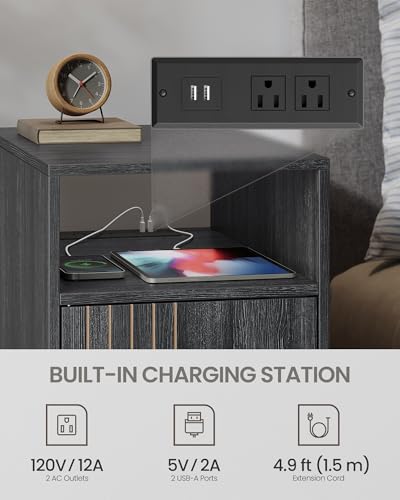 VASAGLE End Table with Charging Station, Narrow Side Table, Nightstand - color: Charcoal Gray