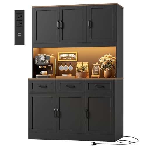HOSTACK Kitchen Pantry Cabinet, Tall Kitchen Hutch Cabinet, Black/Brown | 47"W Food Pantry Cabinet with Smart LED / Charging Station / Countertop / 3 Large Drawers, 72"H Storage Hutch for Dining Room - color: Black/Rustic Brown