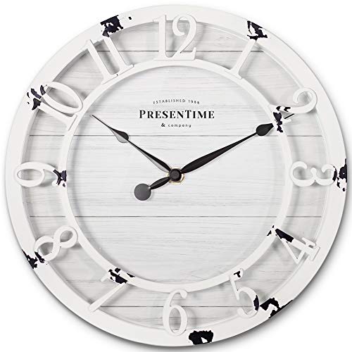 10" Farmhouse Series Wall Clock | Shiplap Style, Raised 3D Arabic Numeral, Antique Distressed White - color: Antique Distressed White, size: 10 inch