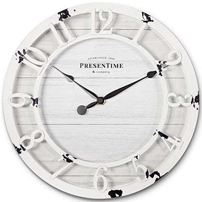 10" Farmhouse Series Wall Clock | Shiplap Style, Raised 3D Arabic Numeral, Antique Distressed White - color: Antique Distressed White, size: 10 inch