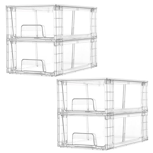 Vtopmart 4 Pack Stackable Storage Drawers,Clear Acrylic Drawer Organizers with Handles, Easily Assemble for Fridge, Bathroom,Kitchen Undersink,Cabinet,Pantry Organization and Storage | Clear Drawer Organizers with Removable Dividers for Flexible storage.