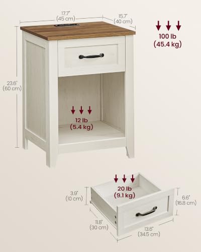 VASAGLE Farmhouse Nightstands with Charging Station, 1 Drawer, Set of 2 | Bedside Table, Side Table with Open Compartment, for Bedroom, Rustic White and Honey Brown, LIRY Collection ULET859K41 - color: Rustic White + Honey Brown, size: 2 PACK, style: 17.7