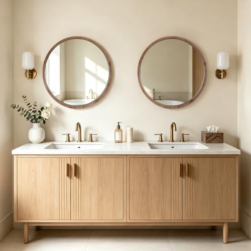 24 Inch Round Wood Mirror, Burlwood Grain Wood Frame Circle Mirror, Versatile Wall Decor for Bathroom Vanity, Living Room, Bedroom and Entryway, Natural - size: 24"L x 24"W