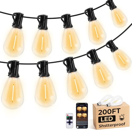 GvvooHome 200FT S11 LED Outdoor String Lights with App & Remote, Low-Voltage Patio Lights with Music Sync, 4 Lighting Modes, Dimmable, Waterproof LED Outdoor Lights for Backyard, Porch, Deck, Garden - size: 200FT-APP