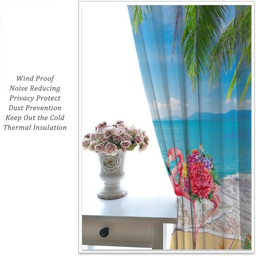 Summer Flamingo Curtain, Ocean Beach Tropical Palm Leaf Window Drapery Treatments for Bedroom Living Room Kitchen Bathroom 42" W X 45" L(No Blackout) - color: Flamingo-6, size: 20.5"W x 45"L (Pack of 2)