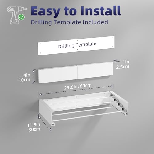 ZMBESUP Wall Mounted Drying Rack for Small Space, 23.6" Foldable Collapsible Laundry Rack, Compact Space Saver for Apartment Bathroom Balcony, Includes Wall Template (White) - size: 23.6'' Regular