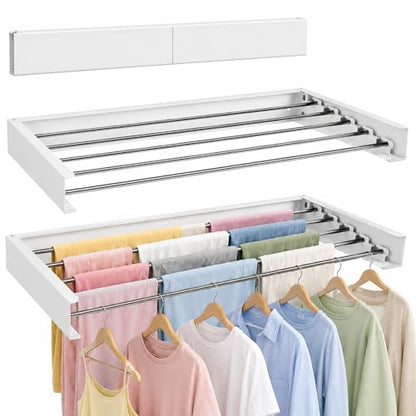 Wall Mounted Clothes Drying Rack Collapsible, Pure Stainless Steel Folding Laundry Drying Rack for Indoor Outdoor Use, Heavy Duty Wall Mounted Clothes Rack White