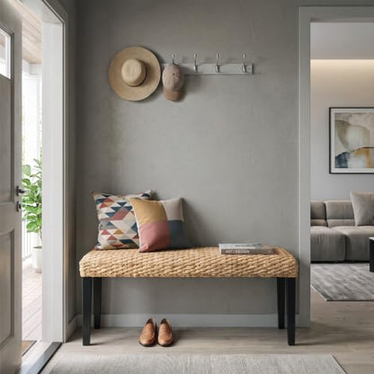 Solid Wood Acacia Indoor Bench, Water Hyacinth Seat, Black Leg, Plait Style | Natural Woven Seat, Boho Entryway, Farmhouse Modern Style, Multi-Room Use - color: Plait - Black Leg & Water Hyacinth