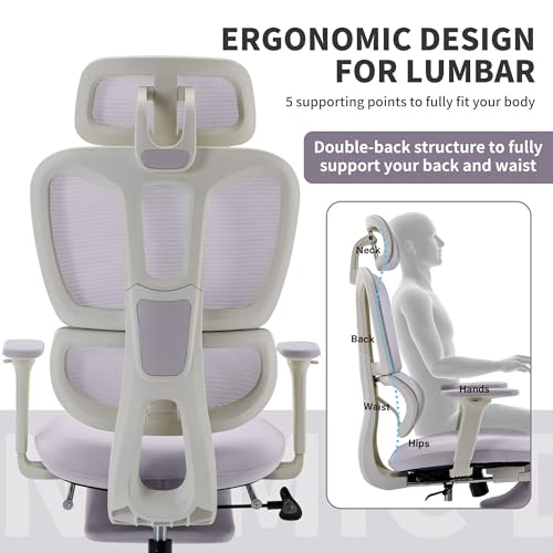 Ergonomic Office Chair with Footrest, 90-135° Reclining High Back Desk Chair with Lumbar Support, 2D Headrest, 2D Armrests, Computer Chair for Long Hours, Purple - color: Purple