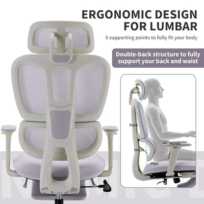 Ergonomic Office Chair with Footrest, 90-135° Reclining High Back Desk Chair with Lumbar Support, 2D Headrest, 2D Armrests, Computer Chair for Long Hours, Purple - color: Purple