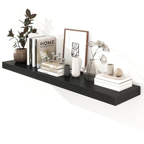 Deep Floating Shelves, 55'' x 12'' Black Shelves for Wall Set of 1 | Invisible Brackets, Engineered Wood, Mounting Hardware Included, 55LBS, Bathroom, Laundry Room, Kitchen, Living Room - color: Black, size: 55W x 12D x 2H, 1 Pack