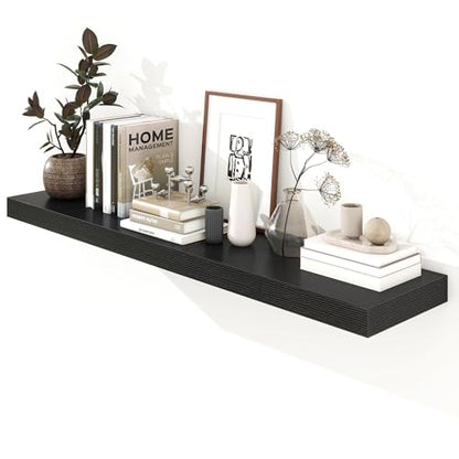 Deep Floating Shelves, 55'' x 12'' Black Shelves for Wall Set of 1 | Invisible Brackets, Engineered Wood, Mounting Hardware Included, 55LBS, Bathroom, Laundry Room, Kitchen, Living Room - color: Black, size: 55W x 12D x 2H, 1 Pack