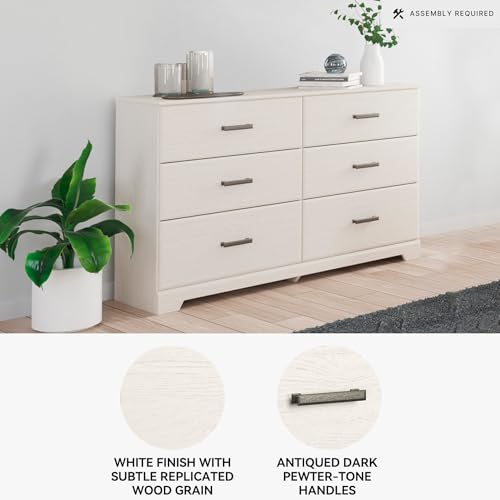 Signature Design by Ashley Stelsie 6 Drawer Bedroom Dresser, White, 60 Inch | Durable engineered wood with replicated grain, 6 deep smooth-gliding drawers, Ample clothing organization - color: White, style: 6 Drawer Dresser