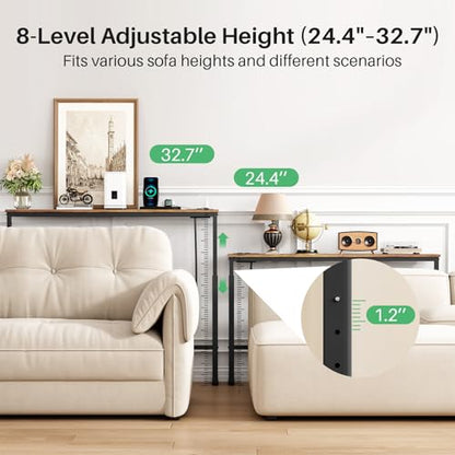 Kitstorack Narrow Console Table Behind Sofa Couch, Design with Adjustable Height (25"-33") & Power Outlets, Small Entryway Table - 5.9" D x39.4 L, Rustic Brown - color: Rustic Brown, size: 5.99"Deep