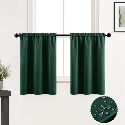 XTMYI Green Kitchen Curtains for Christmas,Dark Emerald Short Window Curtains for Living Room Bathroom,24 Inch Length Sets of 2 Panels - color: Dark Green, size: 30"W x 24"L (Pack of 2)